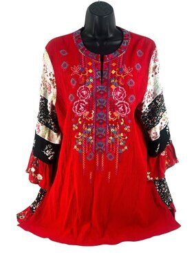 Caleaas Multi Fabric Embroidered Tunic L Artsy Funky Wearable Artl print Boho